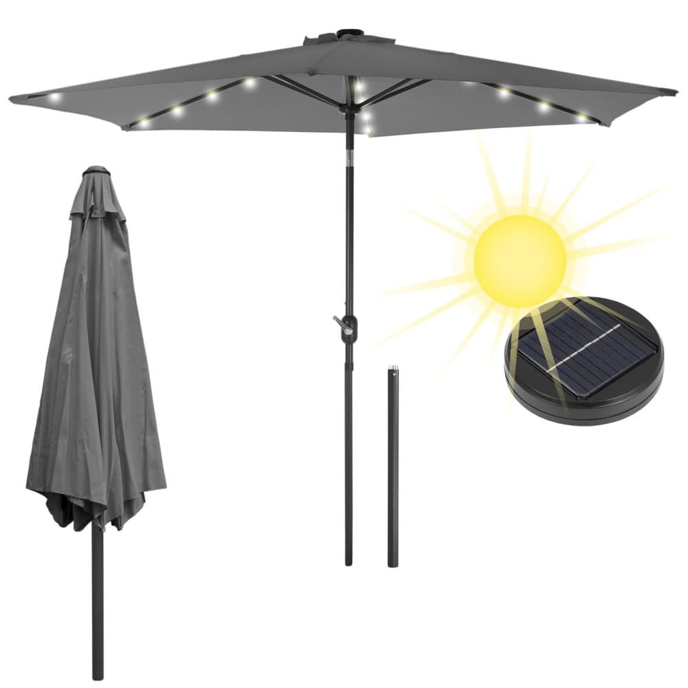ECD-Germany Alu Parasol Antracit Ø300cm runt medföljer vev. LED sol belysning och täckhylsan vattenavvisande UV-skydd