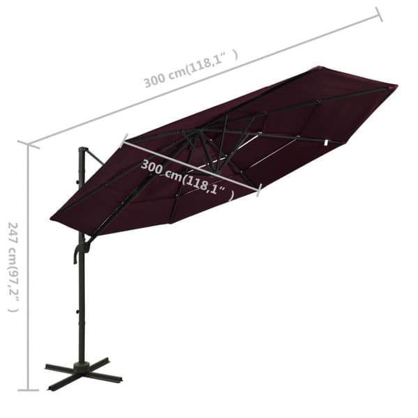 vidaXL 4-tasoinen Aurinkovarjo alumiinitolppa viininpunainen 3x3 m