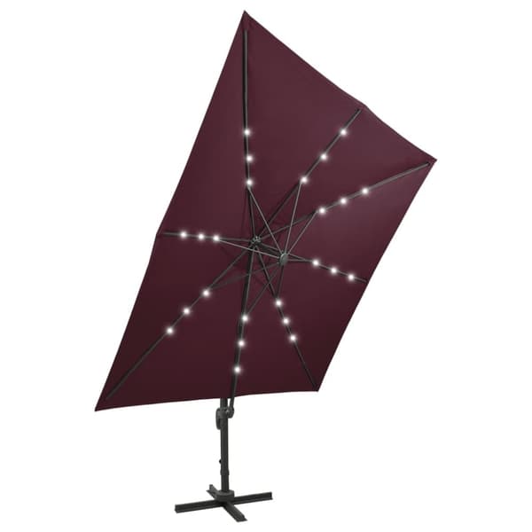 vidaXL Hengende hageparasoll med stang og LED-lys vinrød 300 cm
