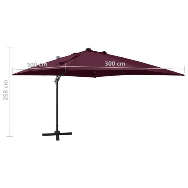 vidaXL Aurinkovarjo cantilever tolpalla ja LEDit 300 cm viininpunainen