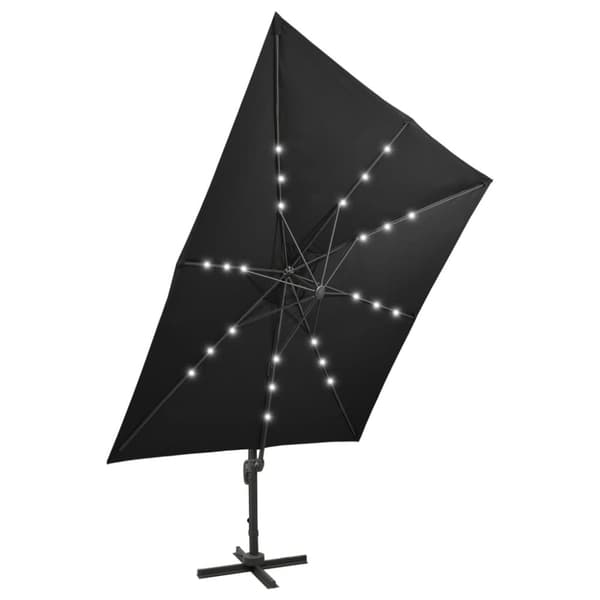 vidaXL hængeparasol med stang + LED-lys 300 cm sort