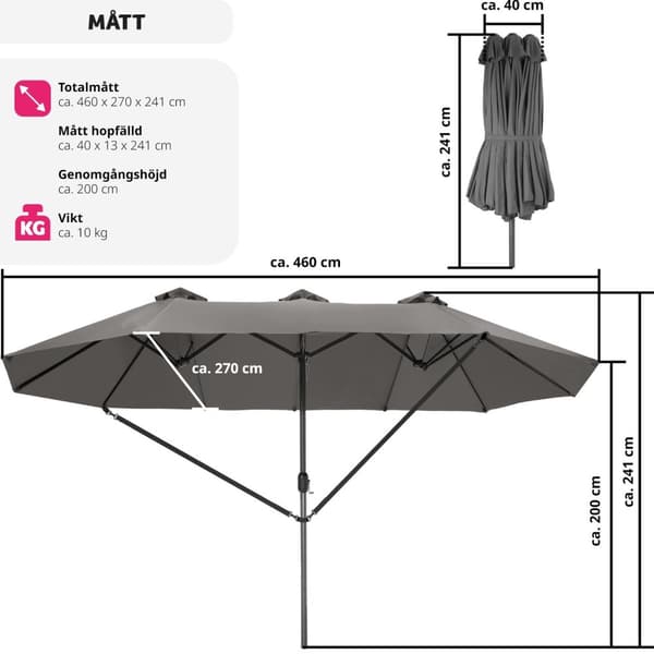 Parasoll Silia 460x270cm med 3 vindskydd - grå