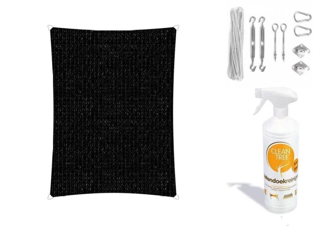 Komplett paket: Sunfighters rektangel 3,5x5m Svart med monteringsset i rostfritt stål och rengöringsmedel för yttertyg