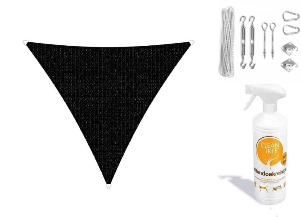 Komplett paket: Sunfighters Triangle 3,6 meter Svart med fixeringsset i rostfritt stål och rengöringsmedel