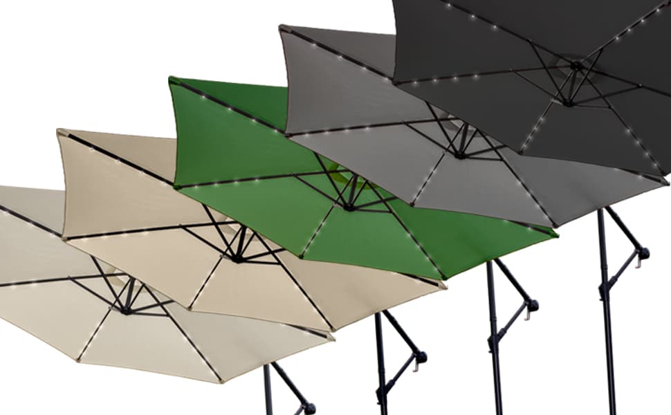 3m LED Hängande Parasoll med Rund Basvikt Trädgård Baldakin Uteplats Lutande Solcell 24 Solcellsdrivna Kalla Vita Lysdioder Upplyst Regnskydd