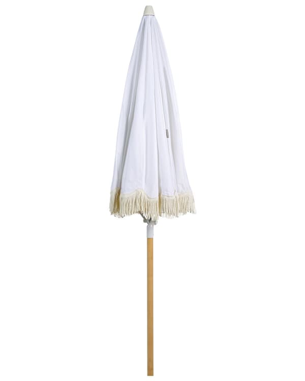 Parasoll Hvit Polyester Bøk ø 150 cm Rund form Frynser Retro UV-bestandig Vippemekanisme Hage Uteplass