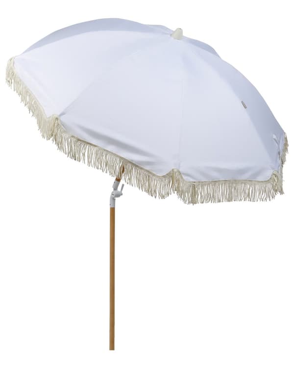Parasoll Hvit Polyester Bøk ø 150 cm Rund form Frynser Retro UV-bestandig Vippemekanisme Hage Uteplass