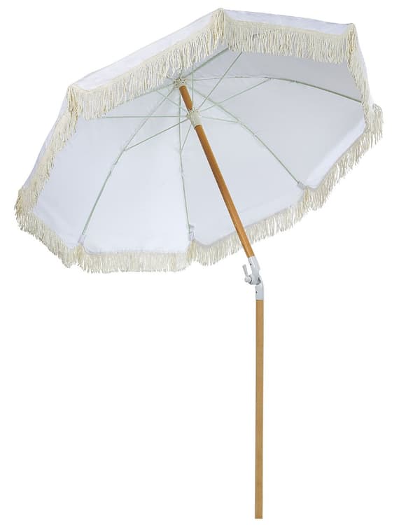 Parasoll Hvit Polyester Bøk ø 150 cm Rund form Frynser Retro UV-bestandig Vippemekanisme Hage Uteplass