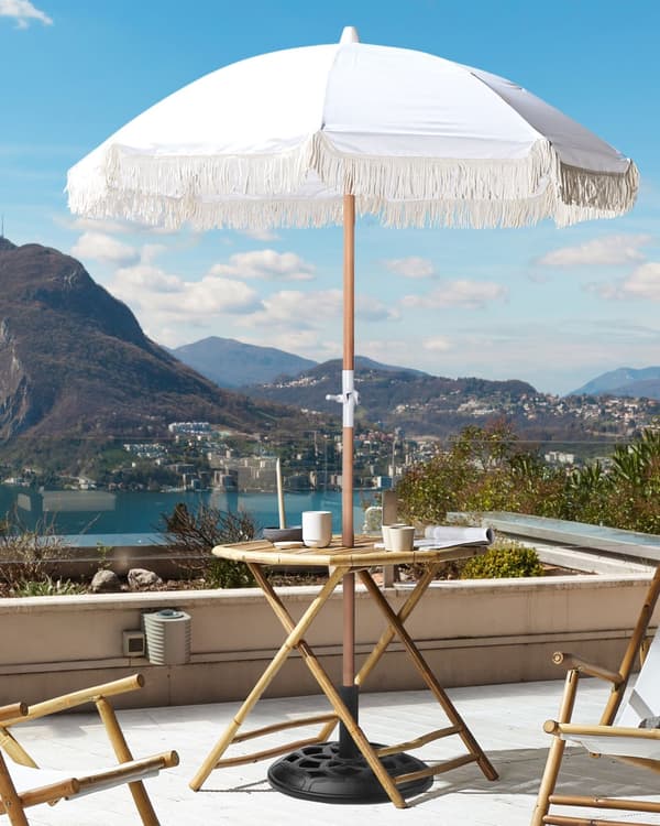 Parasoll Hvit Polyester Bøk ø 150 cm Rund form Frynser Retro UV-bestandig Vippemekanisme Hage Uteplass