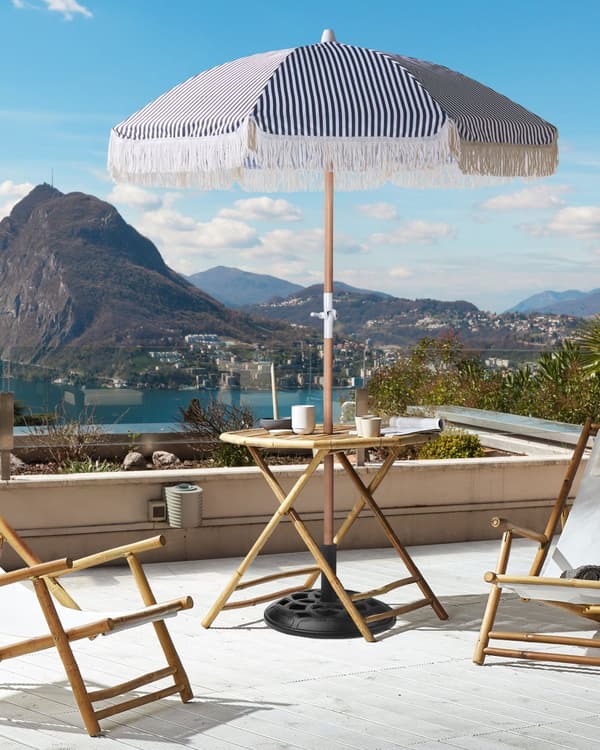 Parasoll Svart Hvit Polyester Bøk ø 150 cm Rund form Frynser Retro UV-bestandig Vippemekanisme Hage Uteplass