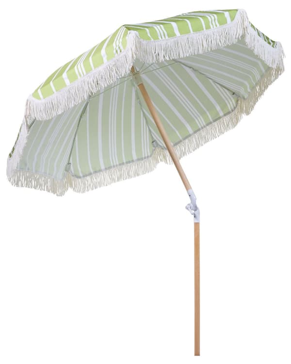 Parasoll Grønn Hvit Polyester Bøk ø 150 cm Rund form Frynser Retro UV-bestandig Vippemekanisme Hage Uteplass