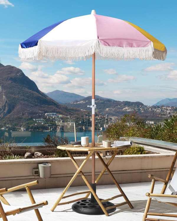 Parasoll Flerfarget Polyester Bøk ø 150 cm Rund form Frynser Retro UV-bestandig Vippemekanisme Hage Uteplass
