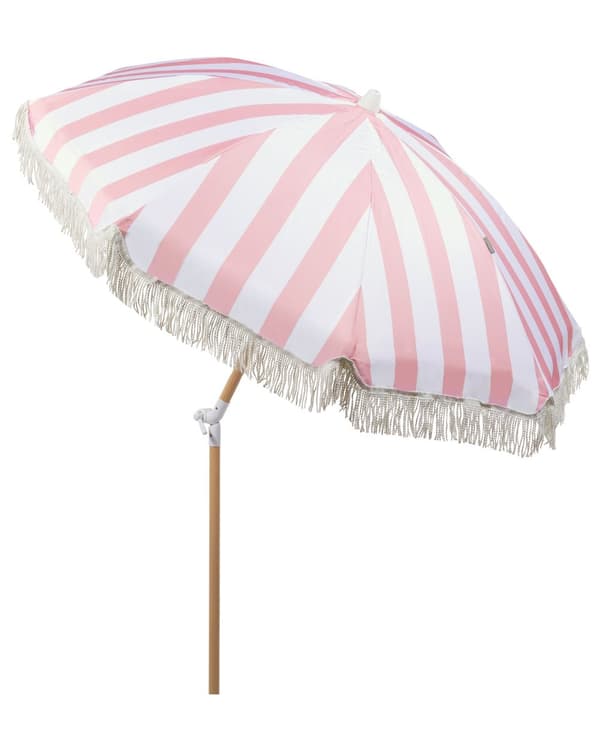 Parasoll Rosa Hvit Polyester Bøk ø 150 cm Rund form Frynser Retro UV-bestandig Vippemekanisme Hage Uteplass