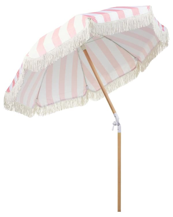 Parasoll Rosa Hvit Polyester Bøk ø 150 cm Rund form Frynser Retro UV-bestandig Vippemekanisme Hage Uteplass