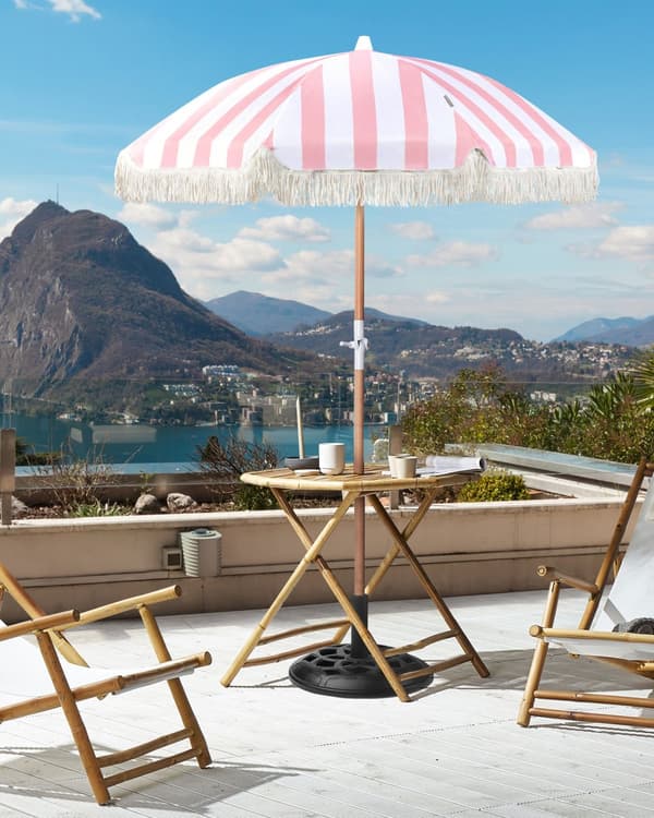 Parasoll Rosa Hvit Polyester Bøk ø 150 cm Rund form Frynser Retro UV-bestandig Vippemekanisme Hage Uteplass