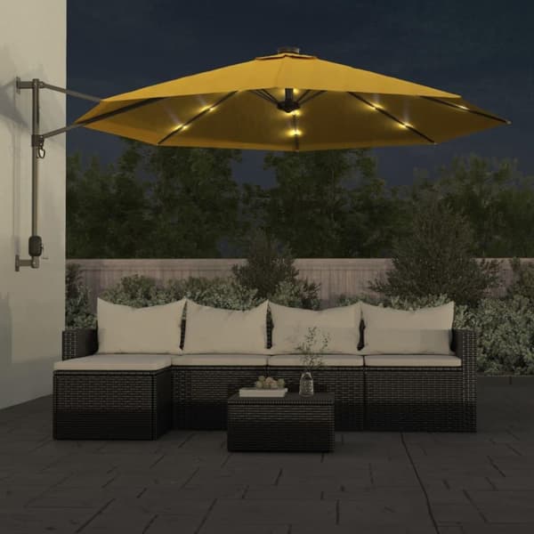vidaXL Seinäkiinnitteinen aurinkovarjo LED-valoilla keltainen 290 cm