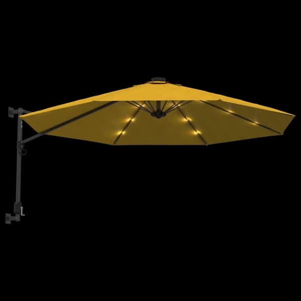 vidaXL Seinäkiinnitteinen aurinkovarjo LED-valoilla keltainen 290 cm