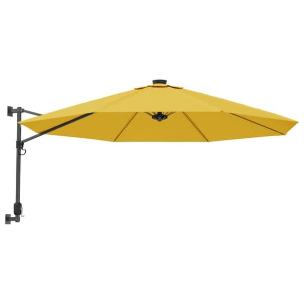 vidaXL Seinäkiinnitteinen aurinkovarjo LED-valoilla keltainen 290 cm