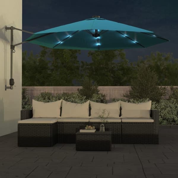 vidaXL Seinäkiinnitteinen aurinkovarjo LED-valot merensininen 290 cm
