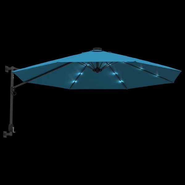 vidaXL Seinäkiinnitteinen aurinkovarjo LED-valot merensininen 290 cm