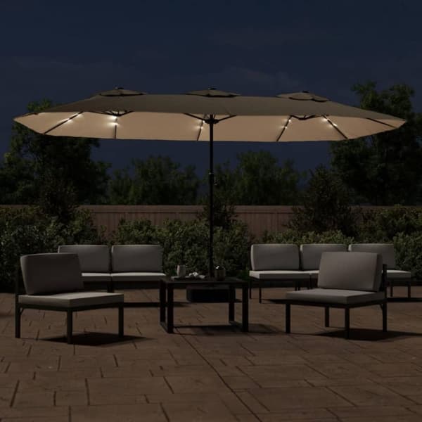 vidaXL parasol med dobbelt parasoldug og LED-lys 449x245 cm gråbrun