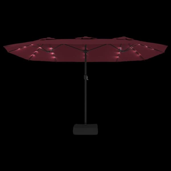 vidaXL Trädgårdsparasoll dubbelt med LEDs vinröd 449x245 cm