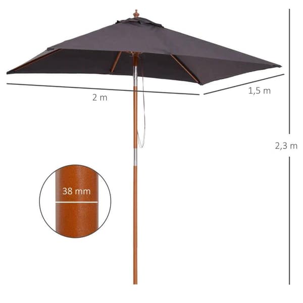 Rootz Parasol - Sammenklappelig haveparasol - Strandparasol - 3-trins Justerbar - Grantræ + Polyester - Mørkegrå - 200 x 150 x 230 cm
