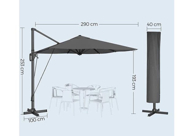 Rootz Parasol - Cantilever Parasol - Paraply - Patio Parasol - Haveparasol - Strandparasol - Solsejl - UV-beskyttet Parasol - Grå