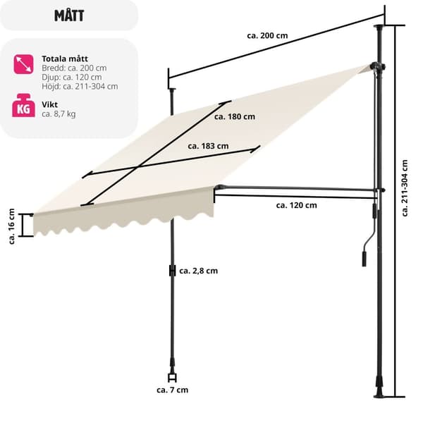 Spännmarkis och soltak med handvev, höjdjusterbar - 200 x 180 cm, beige