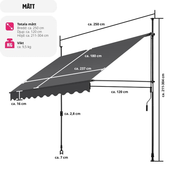 Spännmarkis och soltak med handvev, höjdjusterbar - 250 x 180 cm, svart/grå