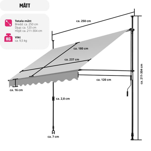 Spännmarkis och soltak med handvev, höjdjusterbar - 250 x 180 cm, ljusgrå