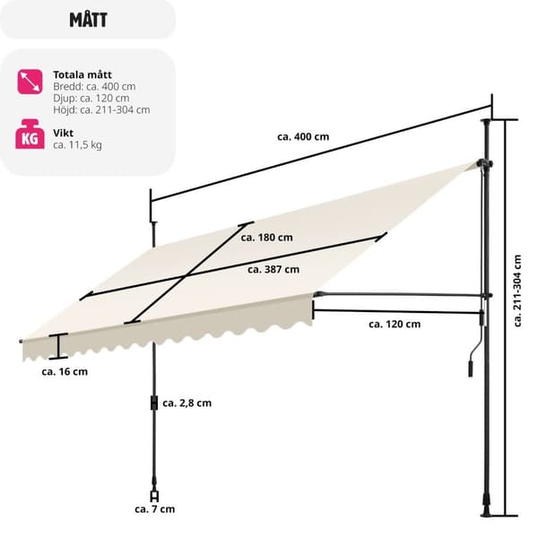 Spännmarkis och soltak med handvev, höjdjusterbar - 400 x 180 cm, beige
