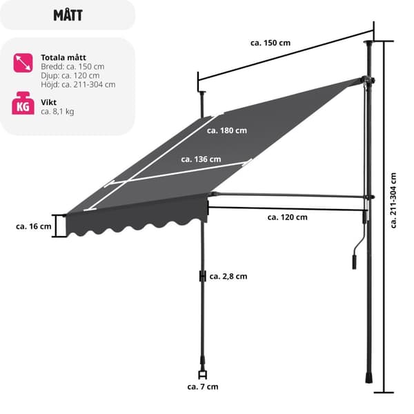 Spännmarkis och soltak med handvev, höjdjusterbar - 150 x 180 cm, svart/grå