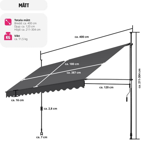 Spännmarkis och soltak med handvev, höjdjusterbar - 400 x 180 cm, svart/grå