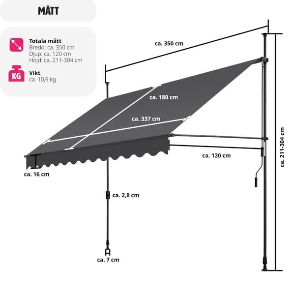 Spännmarkis och soltak med handvev, höjdjusterbar - 350 x 180 cm, svart/grå
