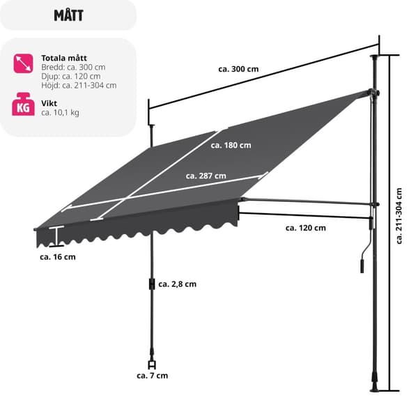 Spännmarkis och soltak med handvev, höjdjusterbar - 300 x 180 cm, svart/grå