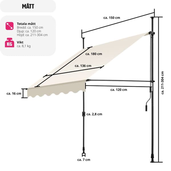 Spännmarkis och soltak med handvev, höjdjusterbar - 150 x 180 cm, beige