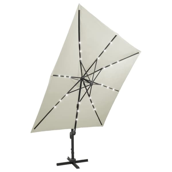 hængeparasol med stang + LED-lys 300 cm sandfarvet