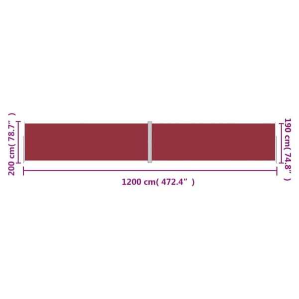 Infällbar sidomarkis röd 200x1200 cm