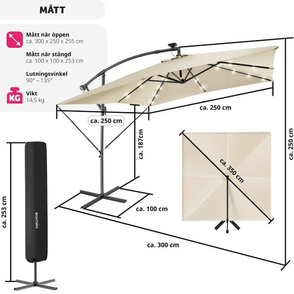 Solparasoll Sunna med LED solcellsbelysning och vev 2,5 x 2,5 m - beige
