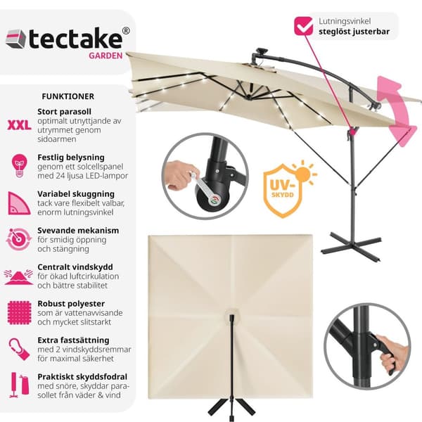 Solparasoll Sunna med LED solcellsbelysning och vev 2,5 x 2,5 m - beige