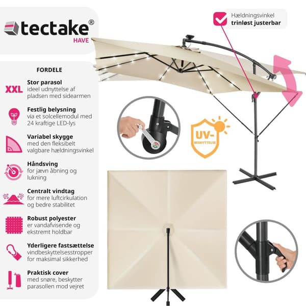 Parasol Sunna LED-solar med håndsving 2,5 x 2,5 m - beige