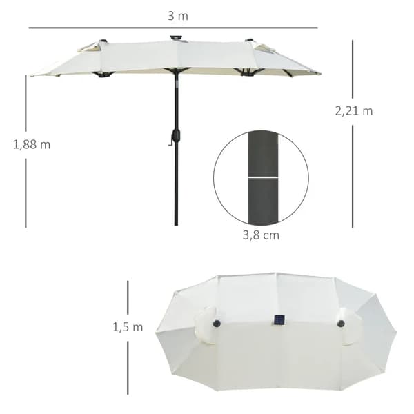 Rootz Dobbeltparaply - Terrasseparaply - Vippe med solpanel - 35 LED'er - Stålramme - Beige - 2,95 x 1,50 x 2,19 m