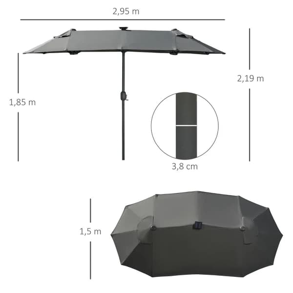 Rootzin tuplasateenvarjo - Patio sateenvarjo - Kallistus aurinkopaneelilla - 35 LEDiä - Teräsrunko - Harmaa - 2,95 x 1,50 x 2,19 m