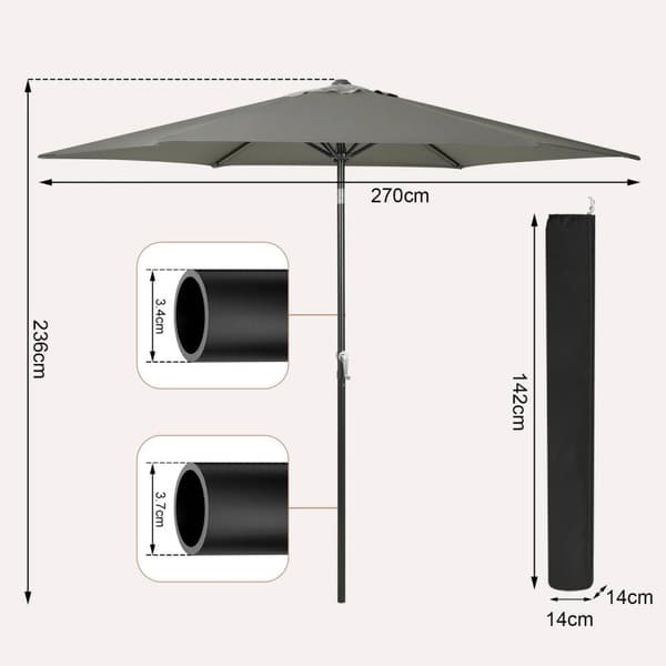 Rootz Premium Outdoor Aurinkovarjo - Sateenvarjo - Puutarhasateenvarjo - UV-suoja - Vedenpitävä - Säädettävä - Ø 270 x 236 cm