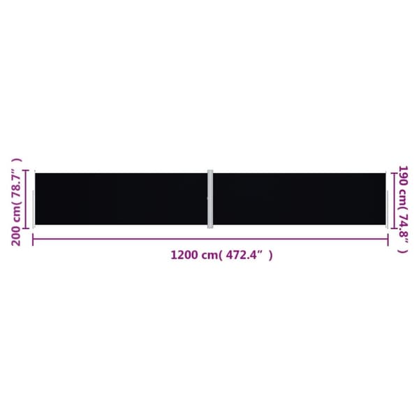 vidaXL Sisäänvedettävä sivumarkiisi musta 200x1200 cm -  Päivän- & aurinkovarjot