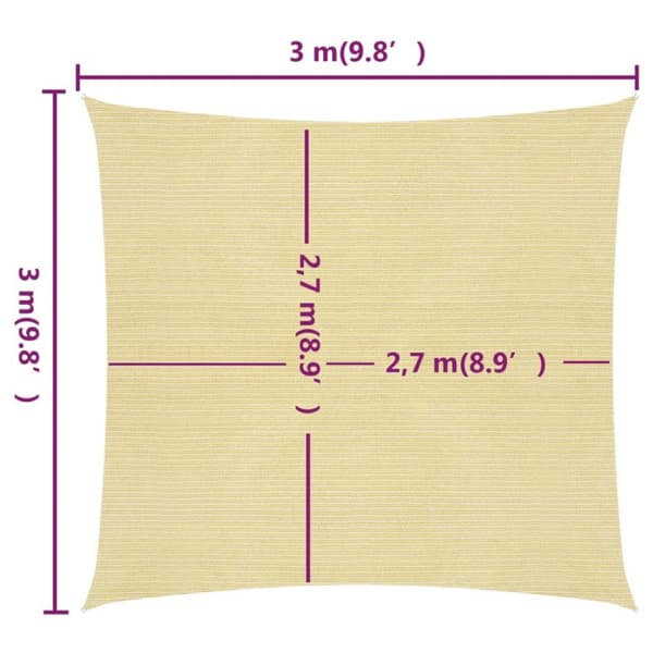 The Living Store solsejl 3x3 m 160 g/m² HDPE beige - Parasoller og solskærme