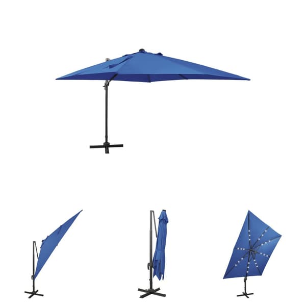 The Living Store hængeparasol med stang + LED-lys 300 cm azurblå - Parasoller og solskærme