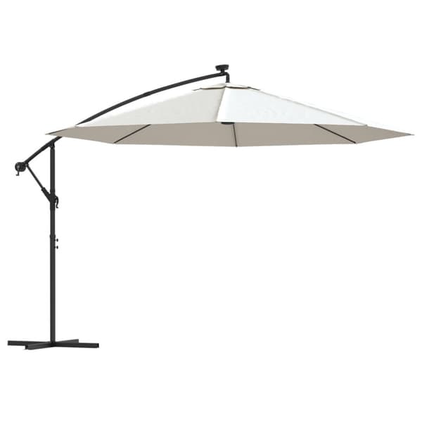 hængeparasol med LED-lys og metalstang 350 cm sandfarvet