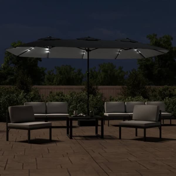parasol med dobbelt parasoldug og LED-lys 449x245 cm sort